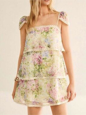 Girls Floral Tiered Sundress with Lace Trim - Pink & Green